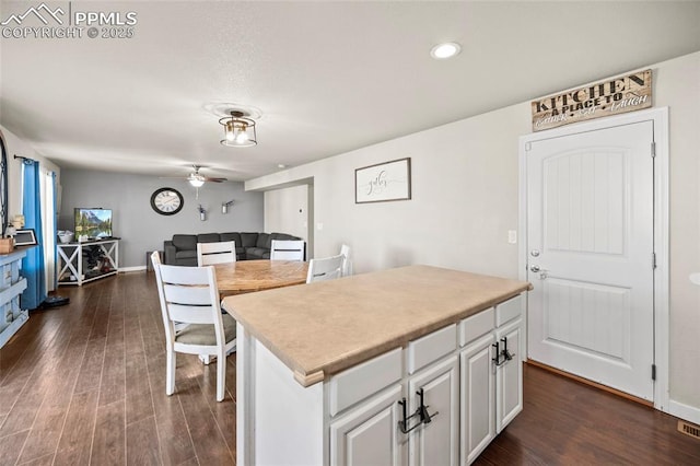 kitchen with light countertops, white cabinets, dark wood finished floors, and ceiling fan