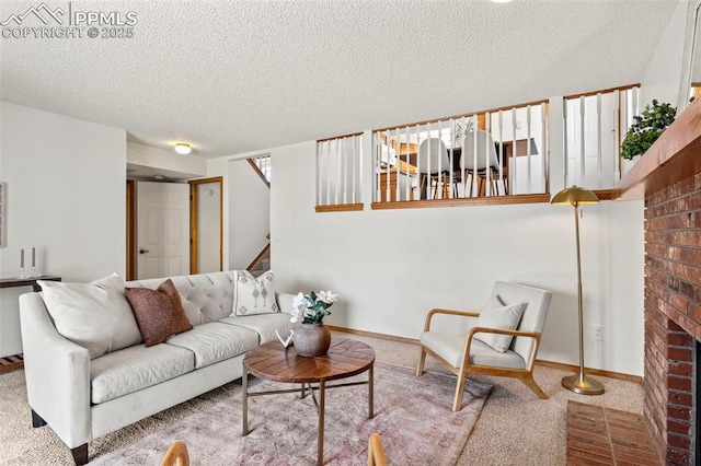 carpeted living room featuring a brick fireplace, stairs, baseboards, and a textured ceiling