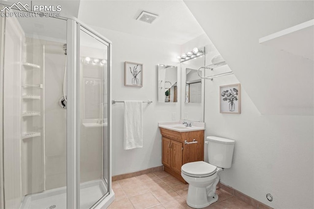 full bathroom with tile patterned flooring, toilet, vanity, visible vents, and a stall shower