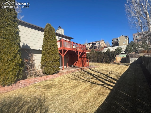 view of yard featuring a fenced backyard and a wooden deck