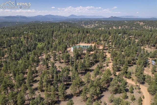 birds eye view of property with a mountain view and a wooded view