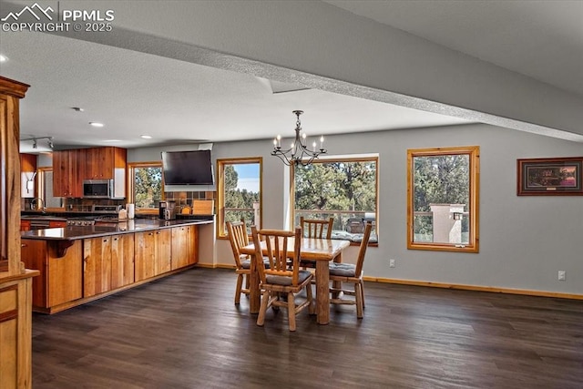 dining room featuring dark wood-type flooring, plenty of natural light, and a notable chandelier