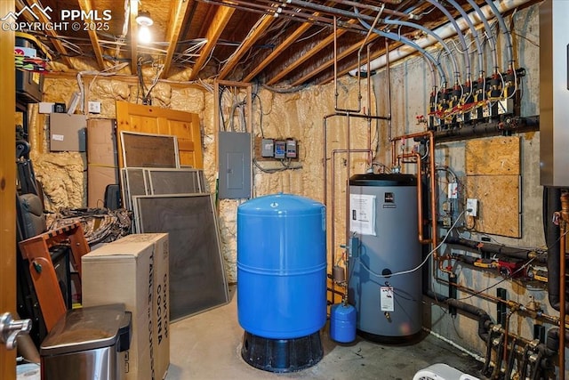 utility room with gas water heater and electric panel