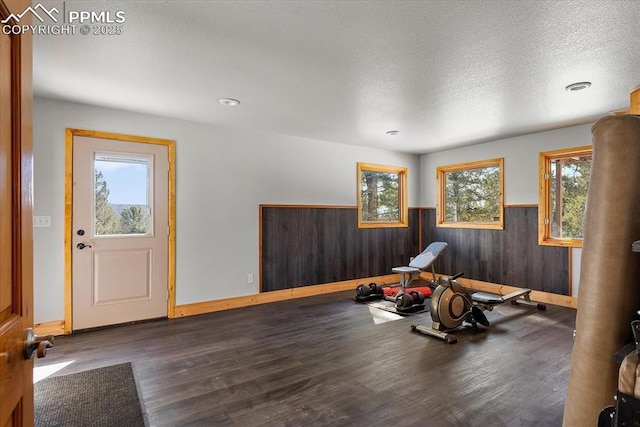 workout room with wainscoting, wood walls, a textured ceiling, and wood finished floors