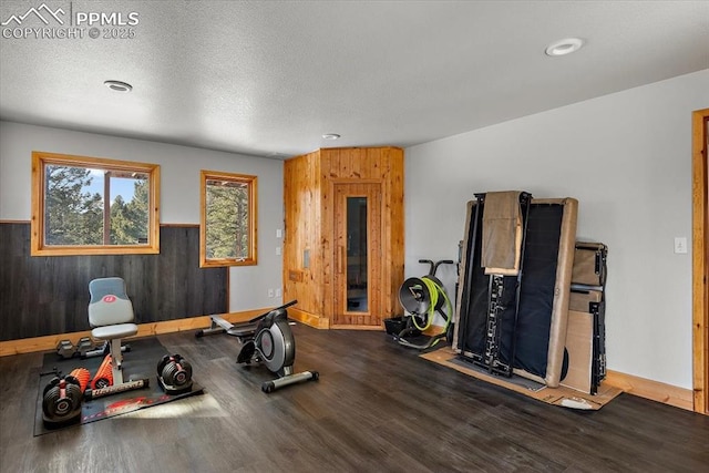 workout room featuring a textured ceiling, wood walls, wood finished floors, and a wainscoted wall