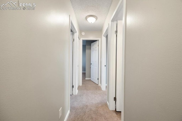 hallway featuring a textured wall, baseboards, a textured ceiling, and light colored carpet