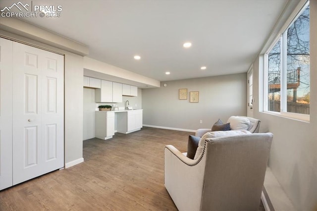 living area with baseboards, wood finished floors, and recessed lighting