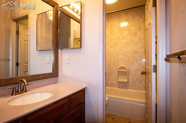 full bath with shower / washtub combination, vanity, and toilet