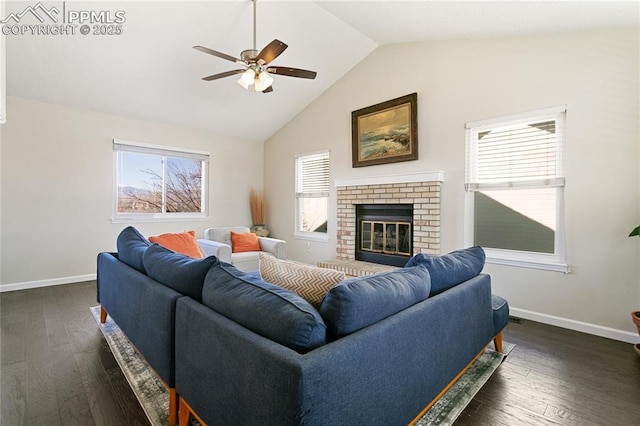 living room featuring a brick fireplace, vaulted ceiling, baseboards, and dark wood finished floors