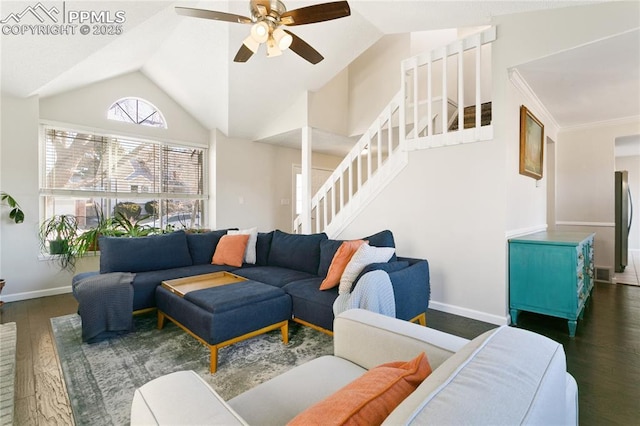 living area with vaulted ceiling, dark wood finished floors, baseboards, and stairs