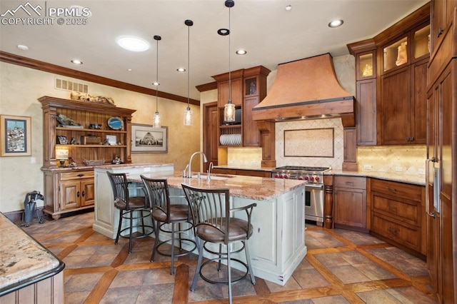 kitchen with tasteful backsplash, high quality appliances, custom exhaust hood, and a sink