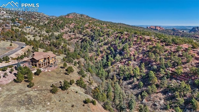 aerial view featuring a mountain view and a view of trees