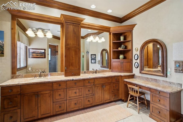 bathroom with crown molding, tile patterned flooring, a sink, and a shower stall