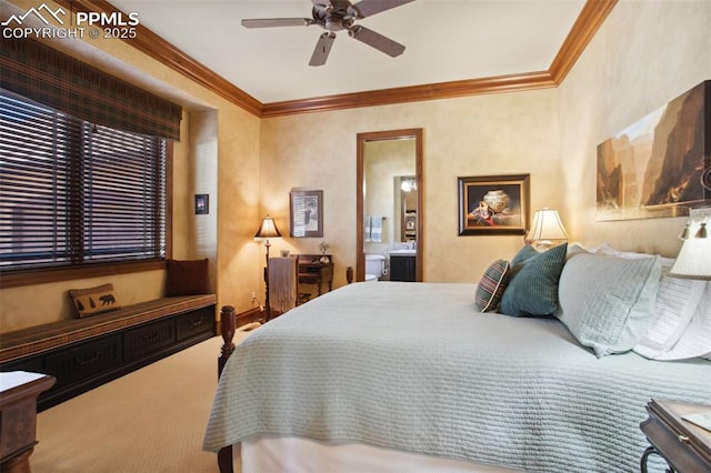 bedroom featuring ensuite bath, ornamental molding, ceiling fan, and carpet flooring