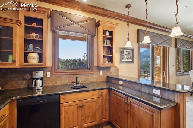 kitchen featuring dishwasher, brown cabinets, a peninsula, open shelves, and a sink