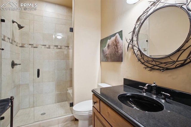 bathroom featuring toilet, a stall shower, and vanity