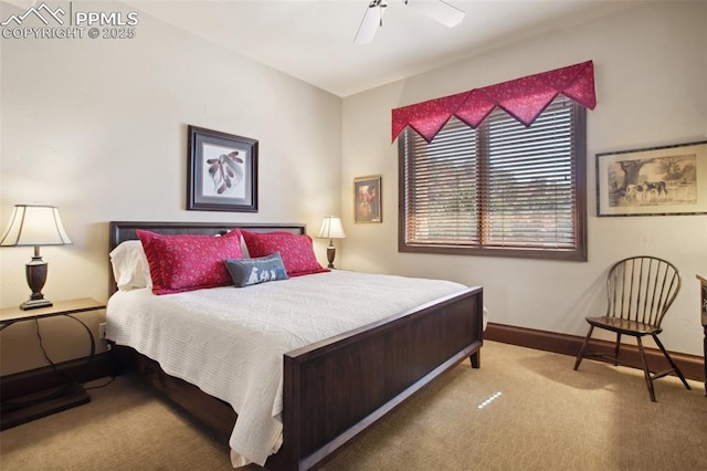 bedroom with carpet flooring, ceiling fan, and baseboards