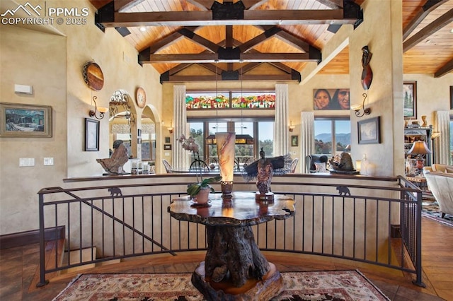 interior space with high vaulted ceiling, wooden ceiling, beamed ceiling, and wood-type flooring