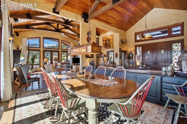 dining room featuring wooden ceiling, beam ceiling, high vaulted ceiling, and wood finished floors