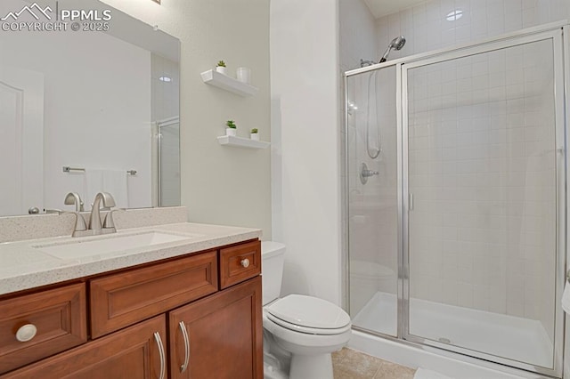 full bath featuring tile patterned flooring, a stall shower, toilet, and vanity