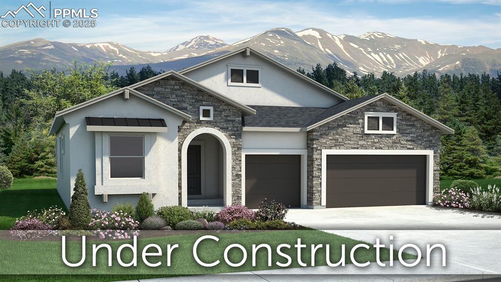 view of front of property featuring stucco siding, a shingled roof, concrete driveway, an attached garage, and a mountain view