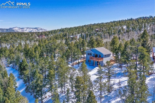 birds eye view of property with a wooded view and a mountain view