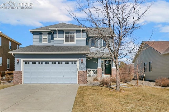 view of front facade with a garage, brick siding, a shingled roof, driveway, and a front lawn