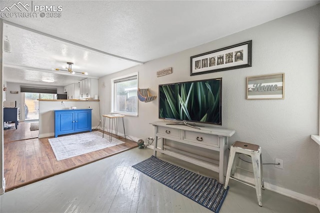 living area featuring a textured ceiling, wood-type flooring, and baseboards