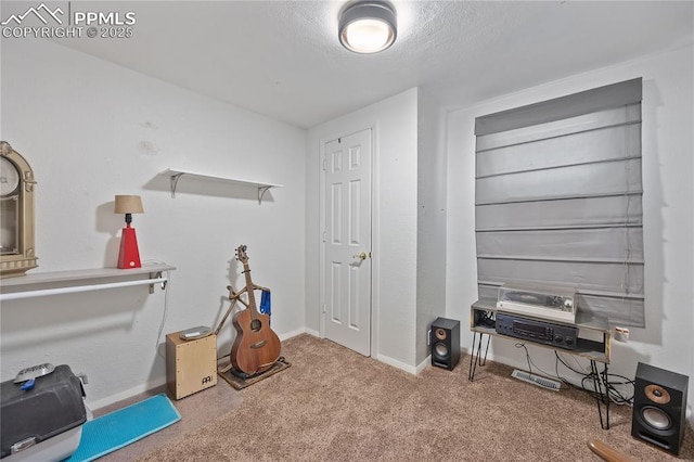 interior space with carpet flooring, a textured ceiling, and baseboards