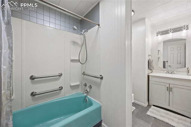 full bath featuring ornamental molding, shower / tub combo with curtain, and vanity