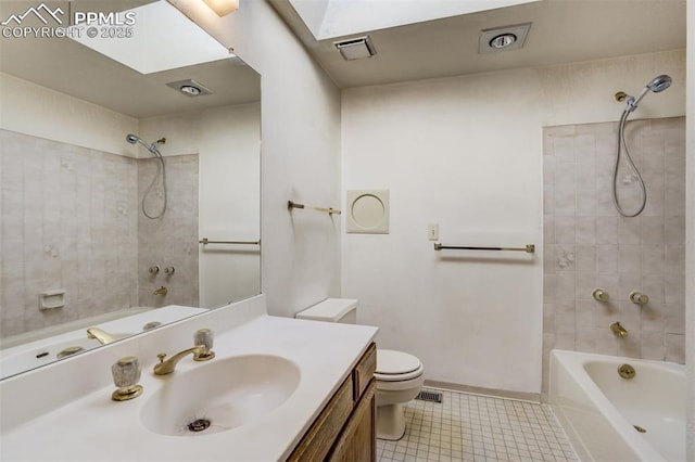 full bathroom with a skylight, visible vents, toilet, tub / shower combination, and vanity