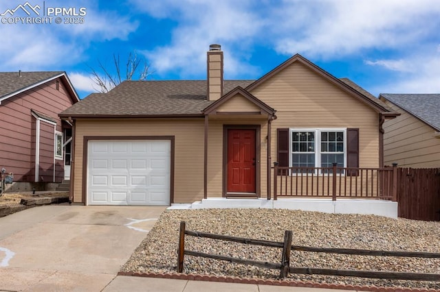 single story home with roof with shingles, a chimney, an attached garage, fence, and driveway