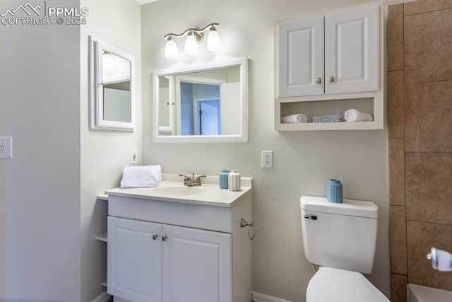 full bathroom with a bath, a shower, vanity, and toilet