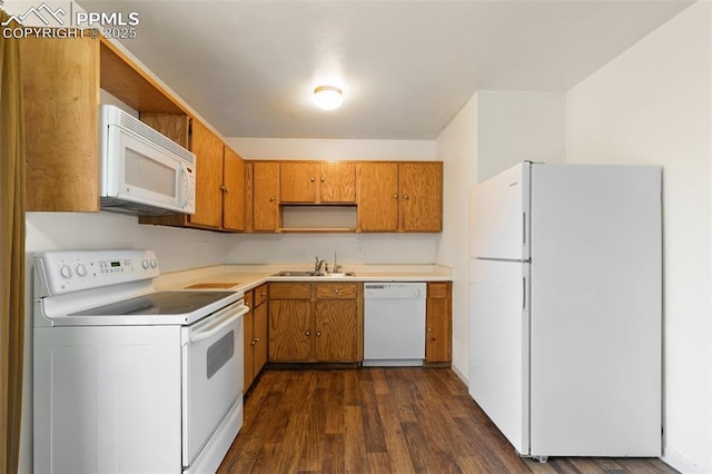 kitchen with dark wood-style flooring, open shelves, brown cabinetry, a sink, and white appliances