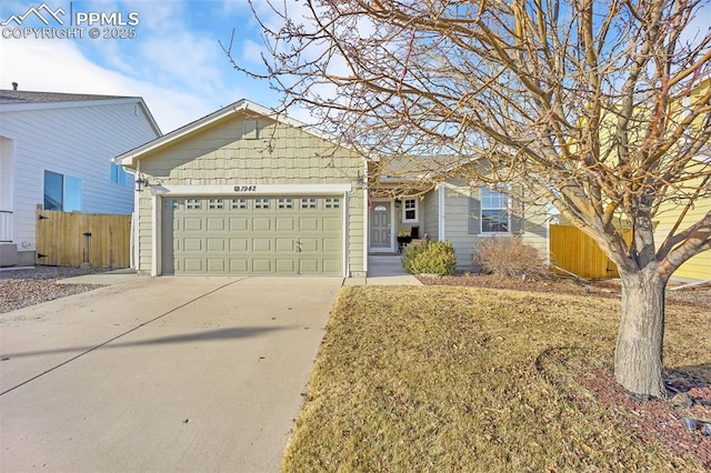 ranch-style house featuring a garage, central air condition unit, concrete driveway, and fence