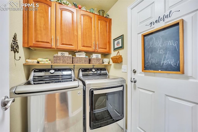 laundry area featuring washing machine and clothes dryer and cabinet space