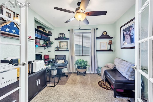 office featuring french doors, carpet floors, and a ceiling fan