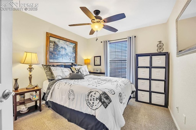 bedroom featuring carpet, baseboards, and ceiling fan