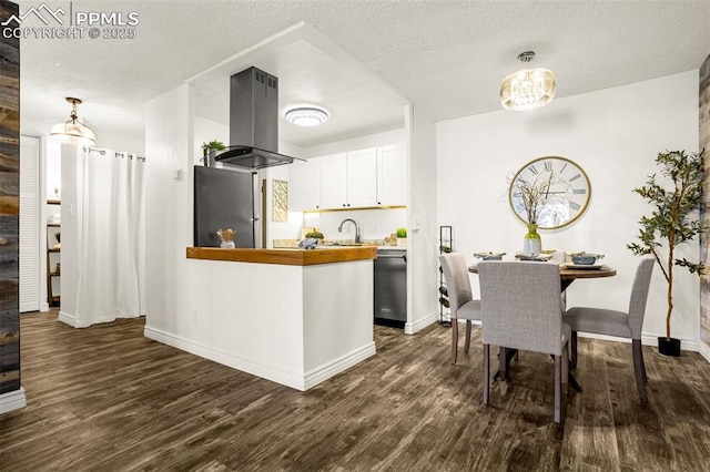 kitchen with dark wood-style floors, island exhaust hood, stainless steel appliances, white cabinetry, and a sink