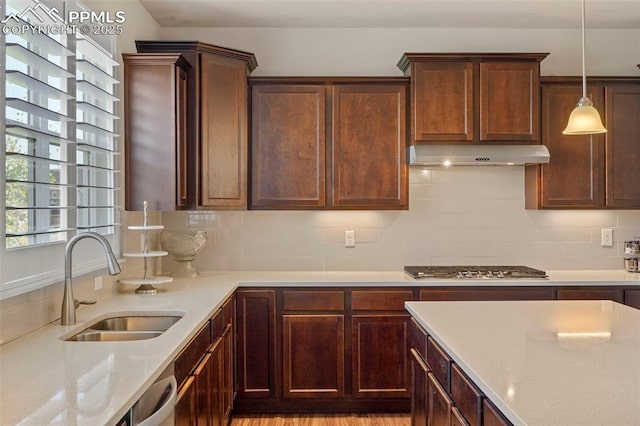 kitchen with under cabinet range hood, tasteful backsplash, stainless steel gas stovetop, and a sink