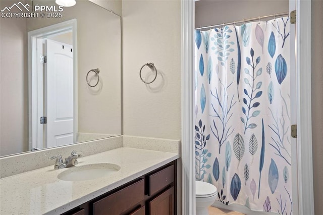 bathroom featuring toilet, vanity, and a shower with shower curtain