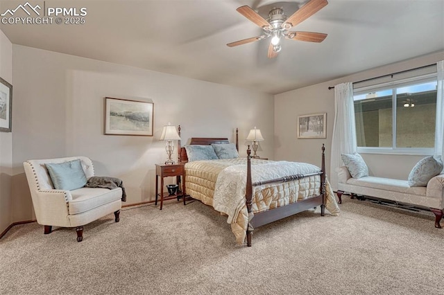 bedroom with baseboards, a ceiling fan, and light colored carpet