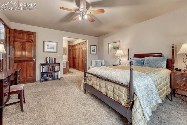 carpeted bedroom with ceiling fan