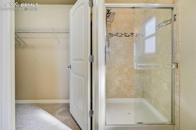 bathroom with a shower stall, baseboards, and a spacious closet
