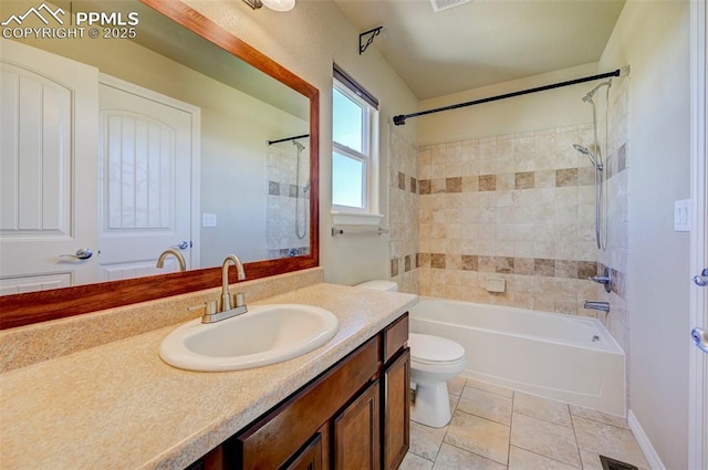 bathroom with toilet, vanity, bathing tub / shower combination, and visible vents