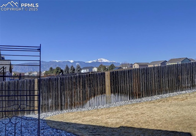 view of yard with a fenced backyard and a mountain view