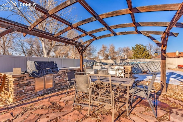 view of patio featuring outdoor dining space, an outdoor kitchen, a fenced backyard, and a pergola