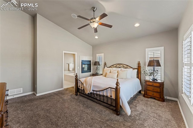 bedroom featuring vaulted ceiling, carpet floors, recessed lighting, and baseboards