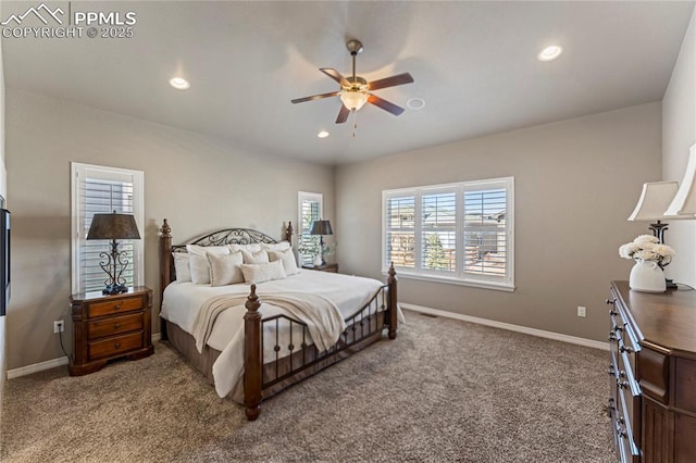 bedroom featuring carpet, baseboards, ceiling fan, and recessed lighting