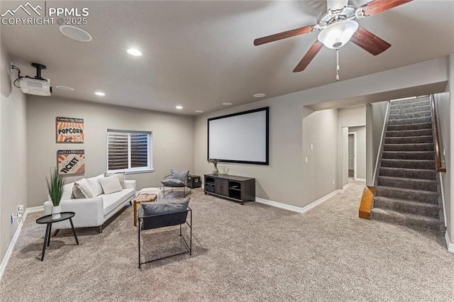 cinema featuring carpet, baseboards, ceiling fan, and recessed lighting